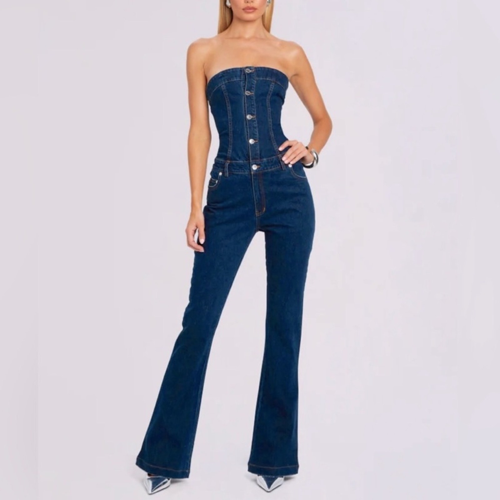 Ser.O.Ya Free People Women’s April Strapless Denim Flared Deepsea Blue Jumpsuit